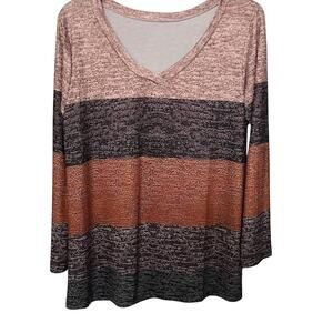 NO MFG. TAG LONG SLV PULL-OVER V-NECK BLOUSE, WOMENS, 1XL, ORANGE BLK PINK BROWN